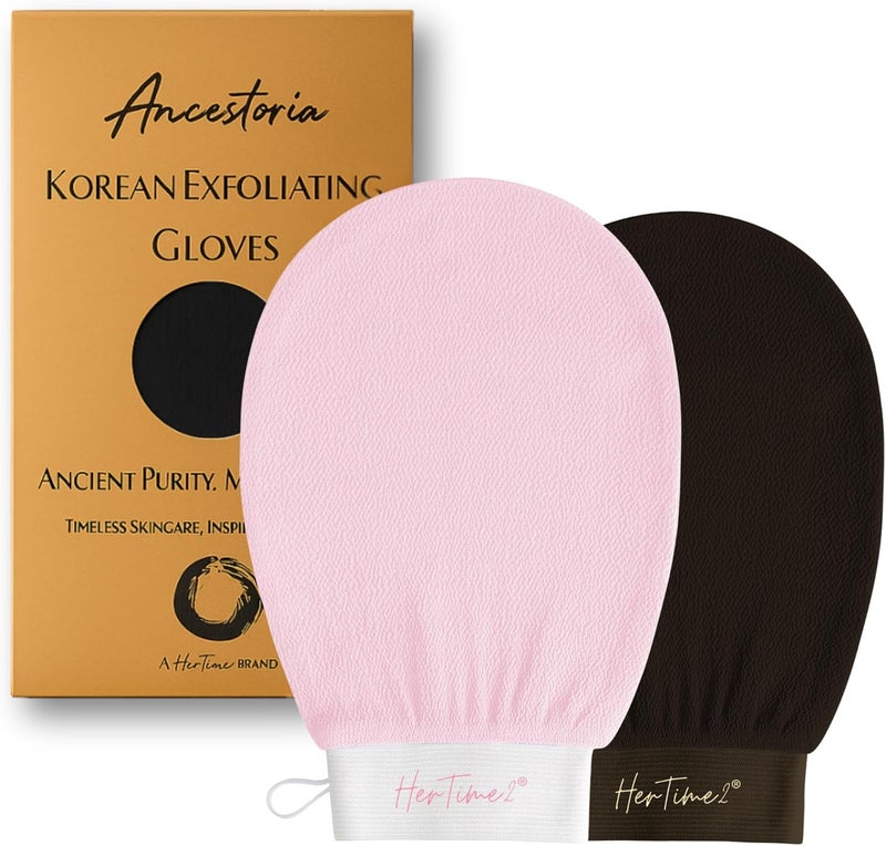 HerTime2 Ancestoria Korean Exfoliating Gloves for Shower, Pink and Black, 2-Pack, Deep Exfoliating Mitts for Body, Reusable and Chemical-Free, A Brand - Image 1